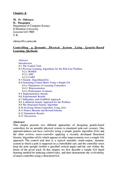 Cover of Chapter 08: Controlling a Dynamic Physical System Using Genetic-Based Learning Methods