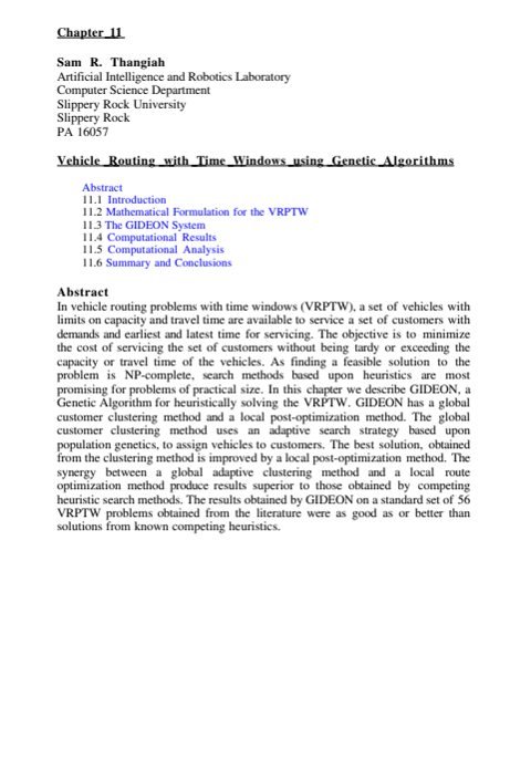 Cover of Chapter 11: Vehicle Routing with Time Windows using Genetic Algorithms