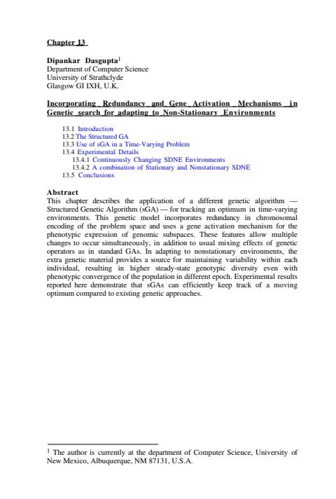 Cover of Chapter 13: Incorporating Redundancy and Gene Activation Mechanisms i n Genetic search for adapting to Non-Stationary Environments