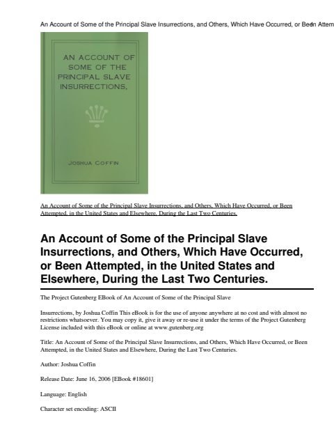Cover of An Account of Some of the Principal Slave Insurrections, and Others, Which Have Occurred, or Been Attempted, in the United States and Elsewhere, During the Last Two Centuries.