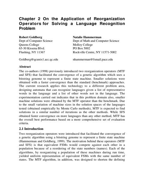Cover of Chapter 02: On the App ication of Reorganization Operators for Solving a Language Recognition Problem